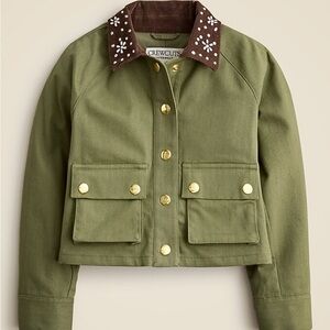 Crew cuts Girls' flower-embellished cropped Barn Jacket in stretch herringbone